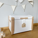 Wooden toy chest in white and natural